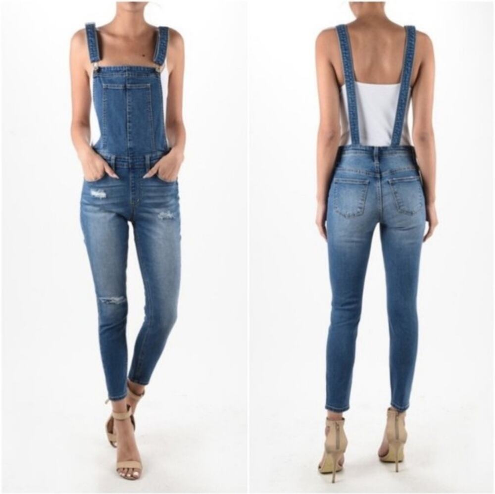 KanCan Everly Overall Jeans Slight Distress Zipper Detail